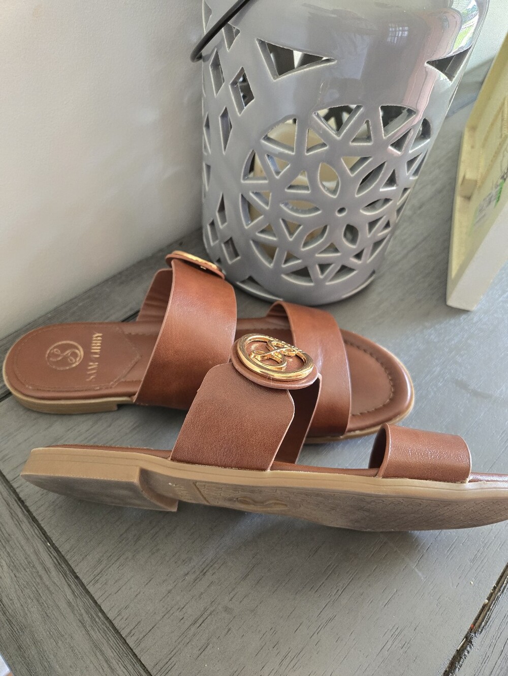 Sam&Libby Brown Leather Double-Strap Slide Sandals Sz 7.5 - Picture 3 of 5